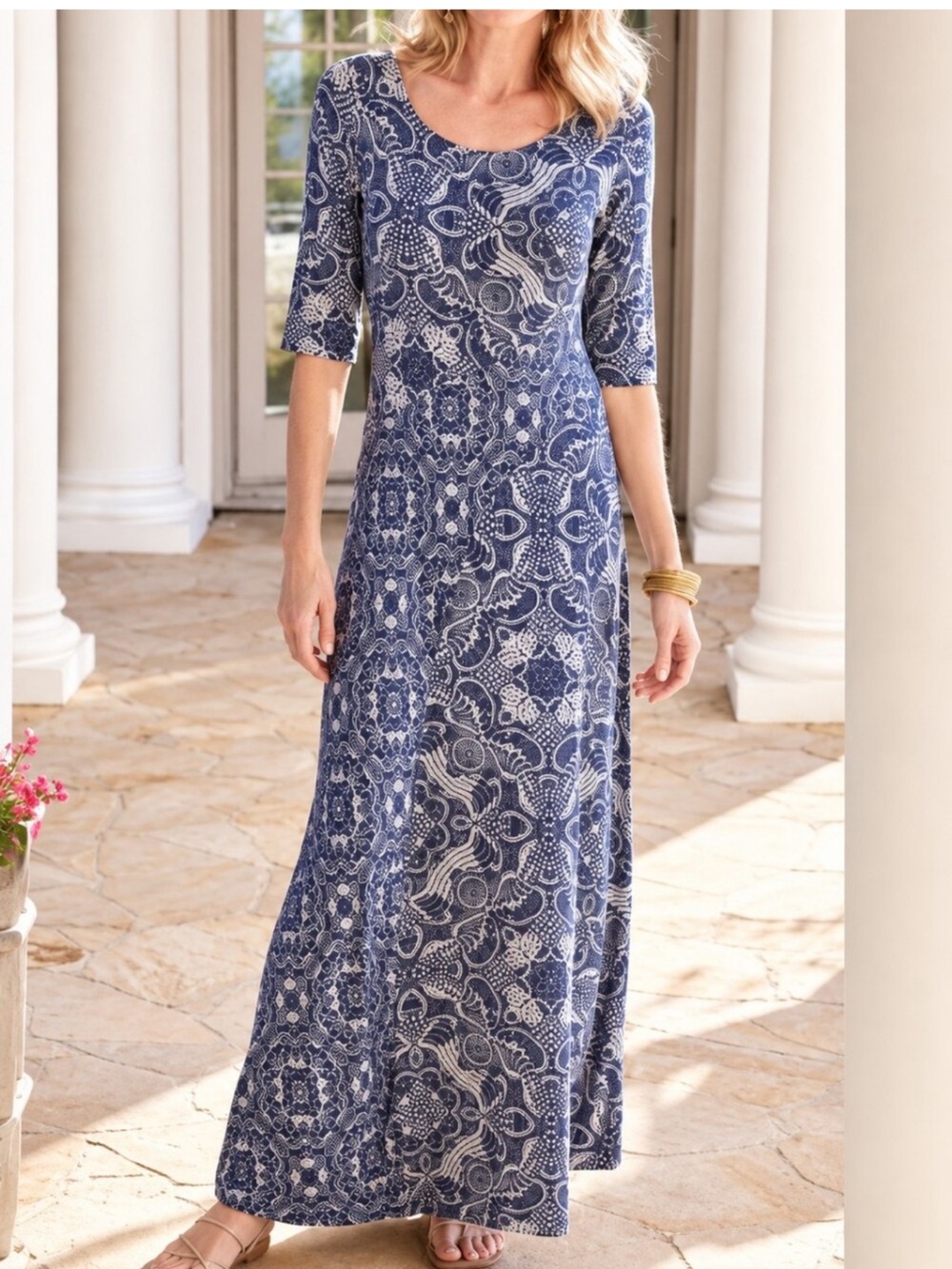 Soft Surroundings Juliette Jersey Dress XL Maxi Dark Navy Neutral Tile